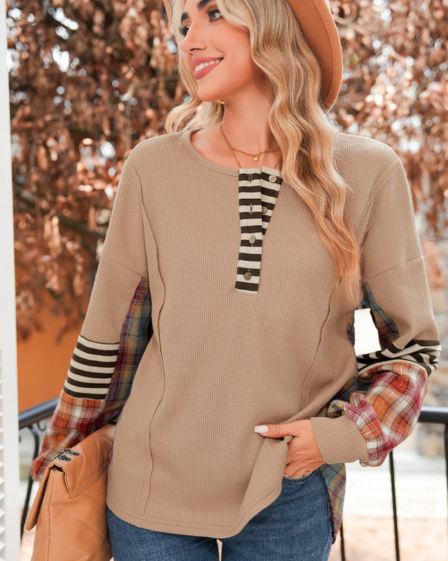 Beige Waffle Stripe Plaid Patchwork Henley Top - Sleekdenim.com