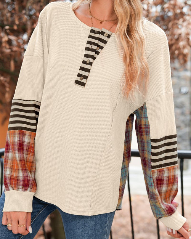 Beige Waffle Stripe Plaid Patchwork Henley Top - Sleekdenim.com