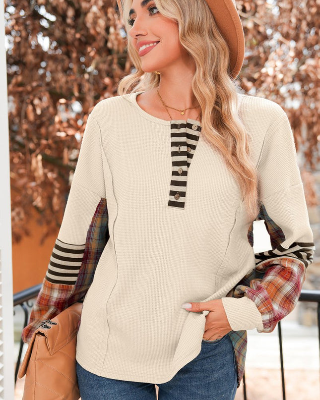 Beige Waffle Stripe Plaid Patchwork Henley Top - Sleekdenim.com