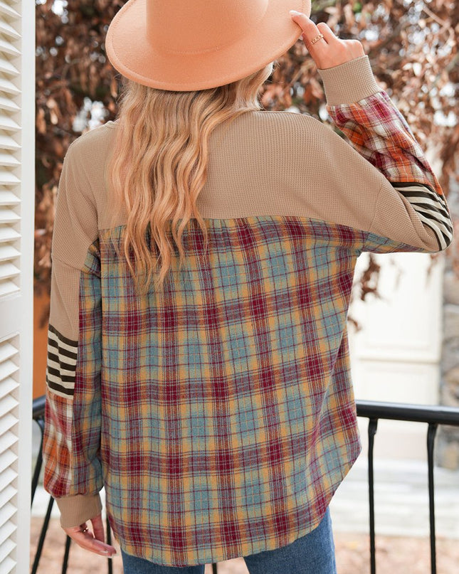 Beige Waffle Stripe Plaid Patchwork Henley Top - Sleekdenim.com