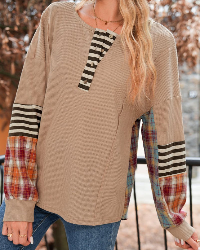 Beige Waffle Stripe Plaid Patchwork Henley Top - Sleekdenim.com