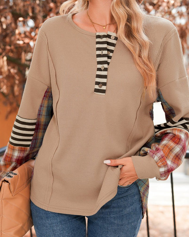 Beige Waffle Stripe Plaid Patchwork Henley Top - Sleekdenim.com