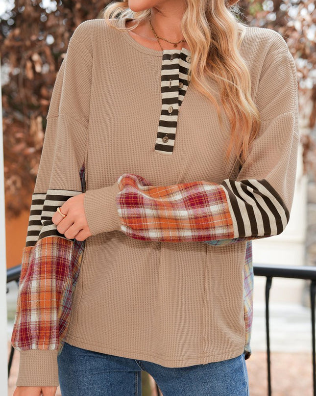 Beige Waffle Stripe Plaid Patchwork Henley Top - Sleekdenim.com