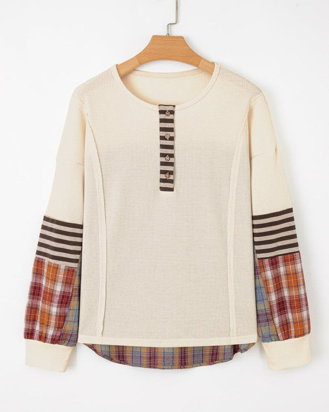 Beige Waffle Stripe Plaid Patchwork Henley Top - Sleekdenim.com