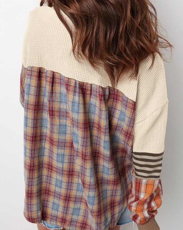 Beige Waffle Stripe Plaid Patchwork Henley Top - Sleekdenim.com