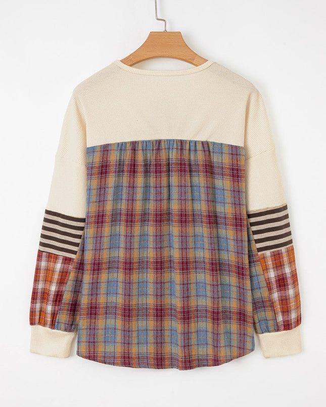 Beige Waffle Stripe Plaid Patchwork Henley Top - Sleekdenim.com