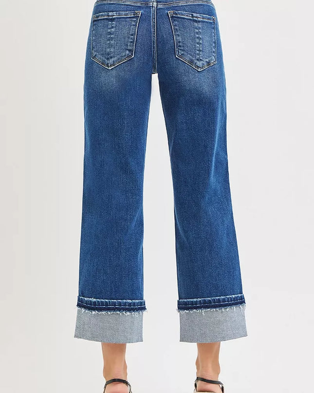 RISEN Mid Rise Ankle Straight Jeans with Cuffed Hem - Sleekdenim.com