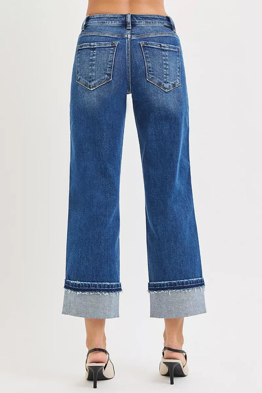 RISEN Mid Rise Ankle Straight Jeans with Cuffed Hem - Sleekdenim.com