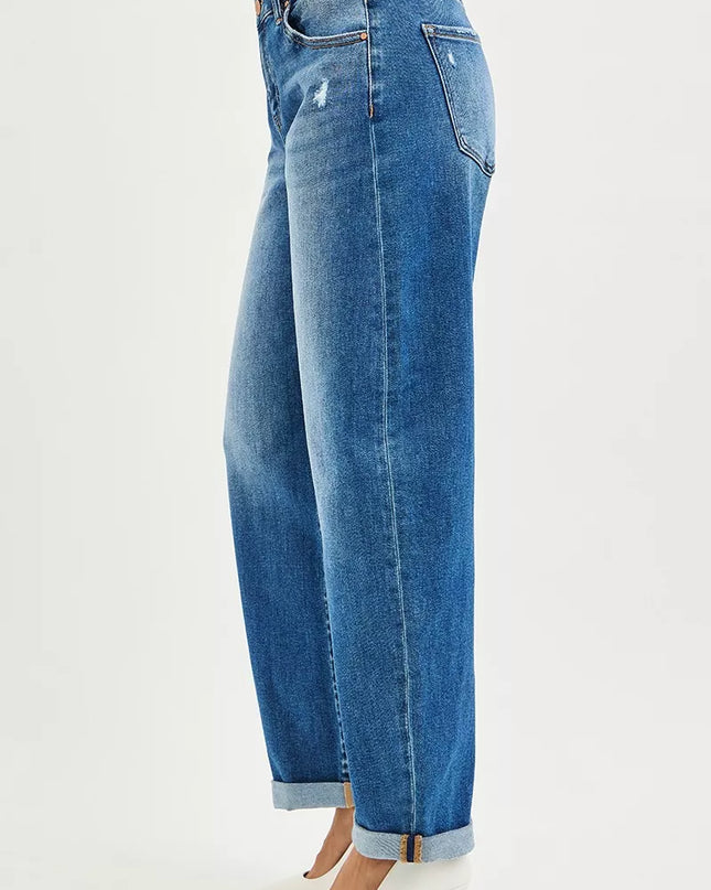 RISEN Full Size Mid Rise Barrel Double Roll Up Jeans Plus Size - Sleekdenim.com