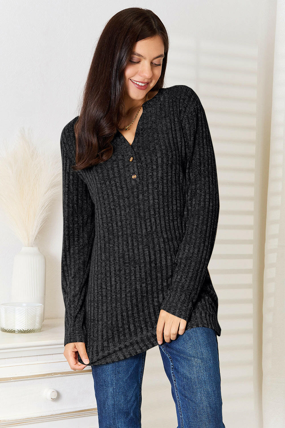 Double Take Notched Neck Ribbed Long Sleeve T-Shirt Black