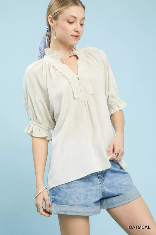 Umgee Linen Scalloped Ruffle Neck Blouse - Sleekdenim.com