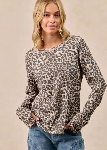 BiBi Leopard Print Washed Waffle Thermal Top with Thumb - Sleekdenim.com