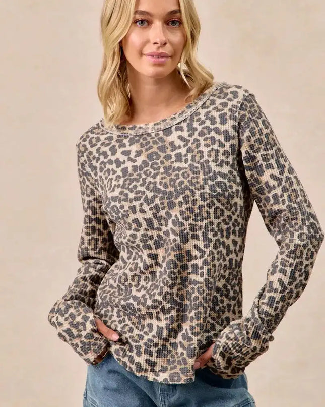 BiBi Leopard Print Washed Waffle Thermal Top with Thumb - Sleekdenim.com