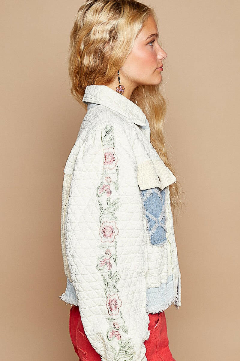 POL Embroidered Sleeve Raw Edge Quilted Jacket Ivory Multi