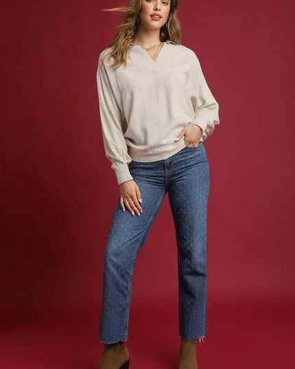 Umgee Linen Long Sleeves Elastic Hem Blouse - Sleekdenim.com
