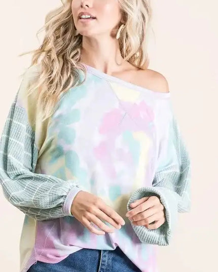 BiBi Tie Dye Terry Top with Wide Stripe Thermal Waffle - Sleekdenim.com