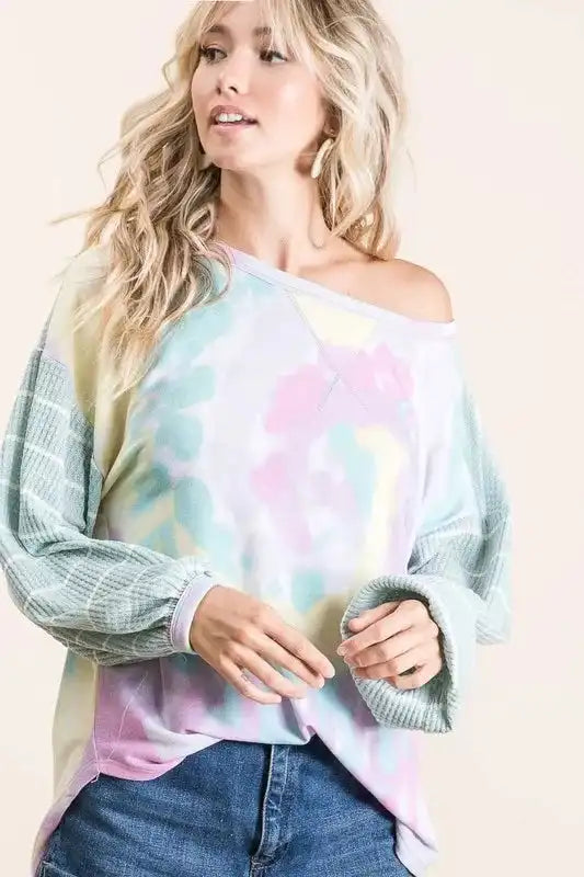 BiBi Tie Dye Terry Top with Wide Stripe Thermal Waffle - Sleekdenim.com
