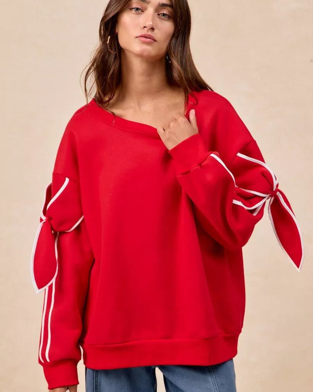 BiBi Bow Detail Sleeves Fleece Sweatshirt - Sleekdenim.com