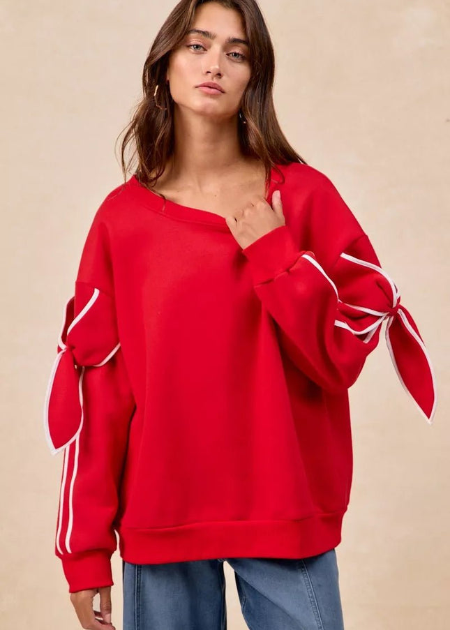 BiBi Bow Detail Sleeves Fleece Sweatshirt - Sleekdenim.com