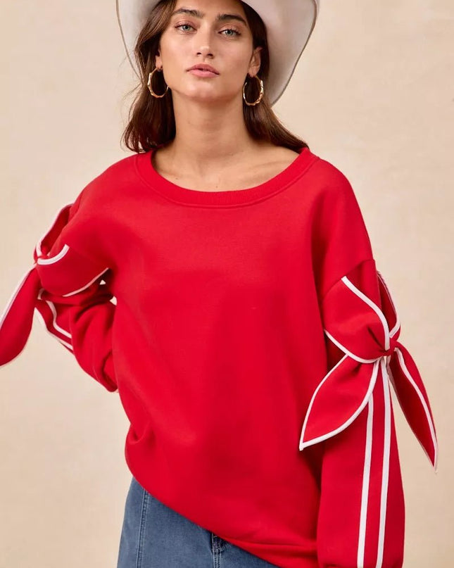 BiBi Bow Detail Sleeves Fleece Sweatshirt - Sleekdenim.com