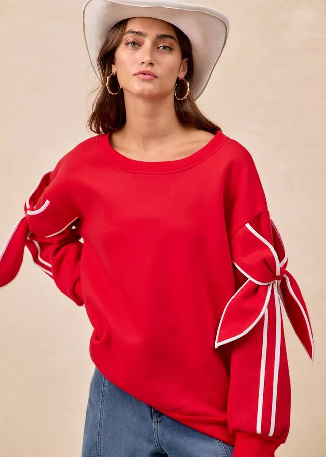 BiBi Bow Detail Sleeves Fleece Sweatshirt - Sleekdenim.com