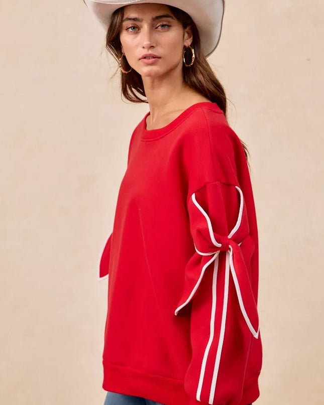 BiBi Bow Detail Sleeves Fleece Sweatshirt - Sleekdenim.com