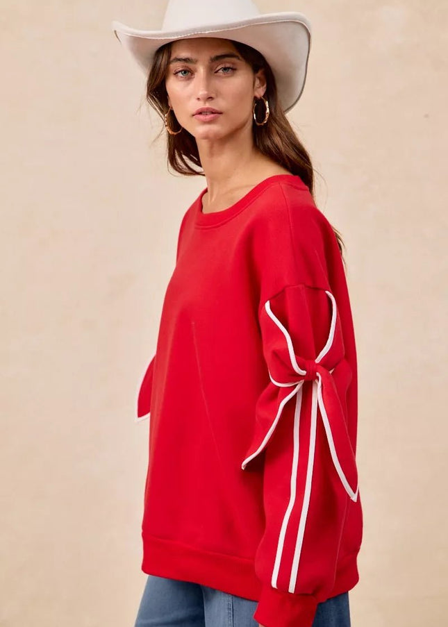 BiBi Bow Detail Sleeves Fleece Sweatshirt - Sleekdenim.com