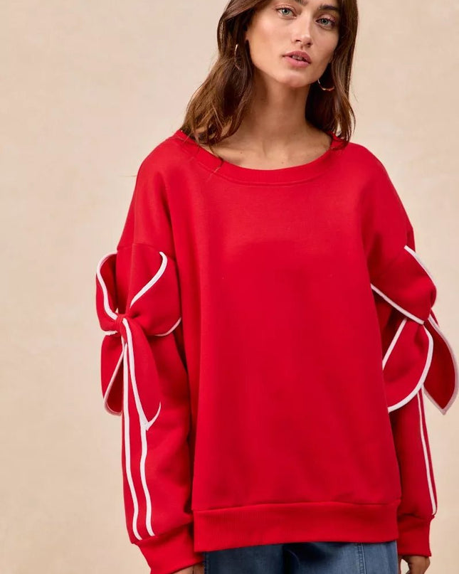 BiBi Bow Detail Sleeves Fleece Sweatshirt - Sleekdenim.com