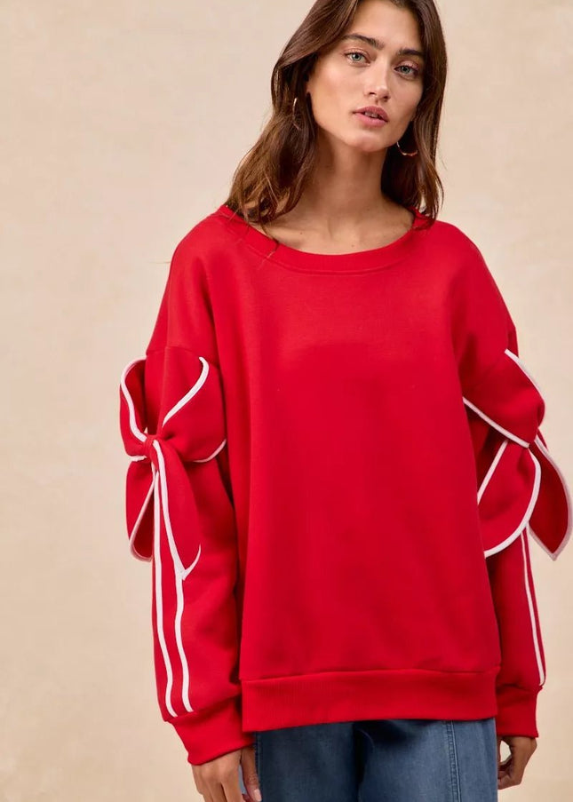 BiBi Bow Detail Sleeves Fleece Sweatshirt - Sleekdenim.com