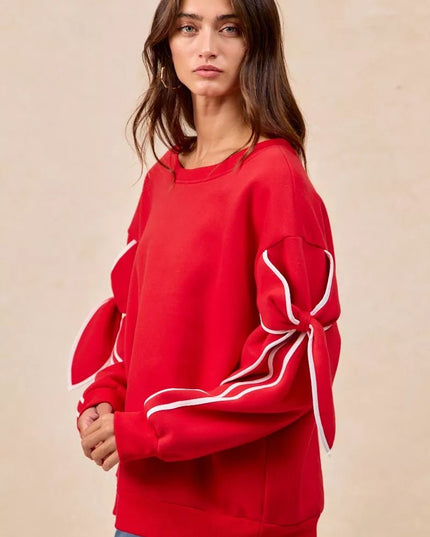 BiBi Bow Detail Sleeves Fleece Sweatshirt - Sleekdenim.com