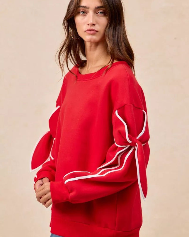 BiBi Bow Detail Sleeves Fleece Sweatshirt - Sleekdenim.com