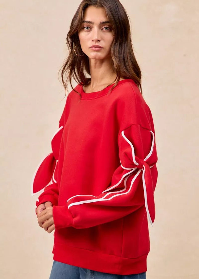 BiBi Bow Detail Sleeves Fleece Sweatshirt - Sleekdenim.com