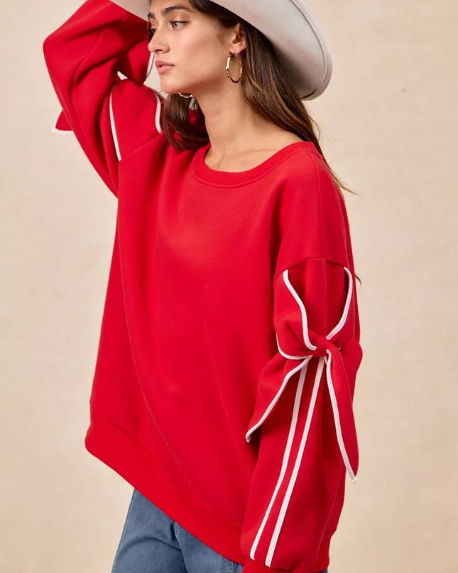 BiBi Bow Detail Sleeves Fleece Sweatshirt - Sleekdenim.com