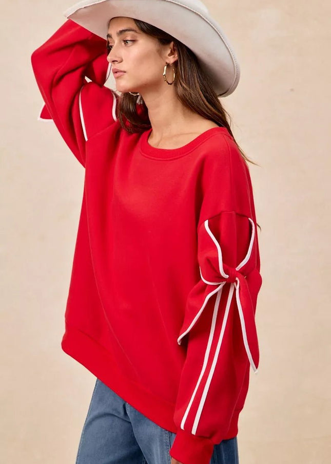 BiBi Bow Detail Sleeves Fleece Sweatshirt - Sleekdenim.com