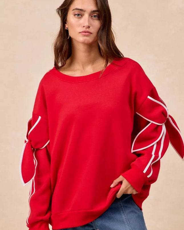 BiBi Bow Detail Sleeves Fleece Sweatshirt - Sleekdenim.com