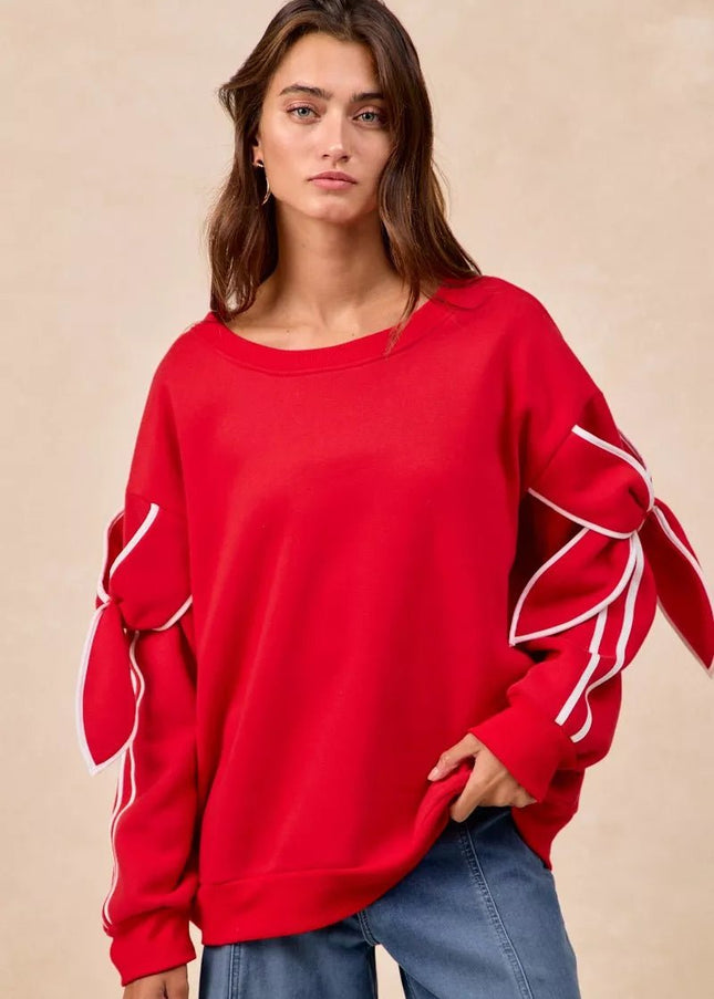 BiBi Bow Detail Sleeves Fleece Sweatshirt - Sleekdenim.com