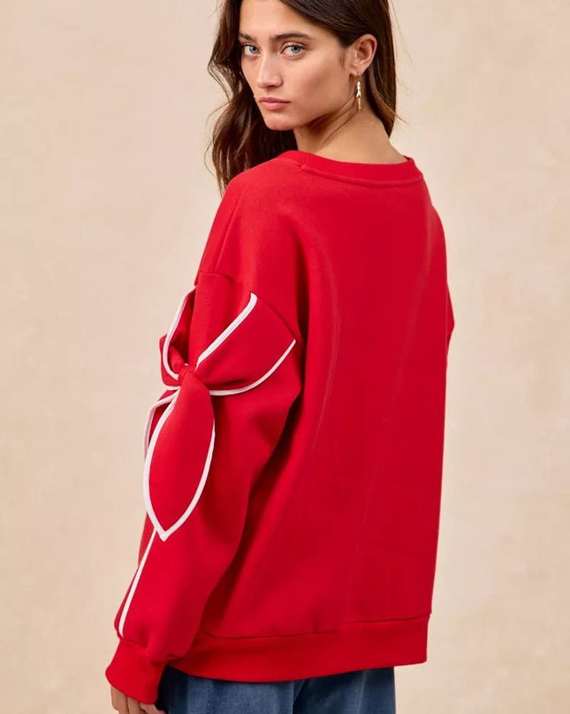 BiBi Bow Detail Sleeves Fleece Sweatshirt - Sleekdenim.com