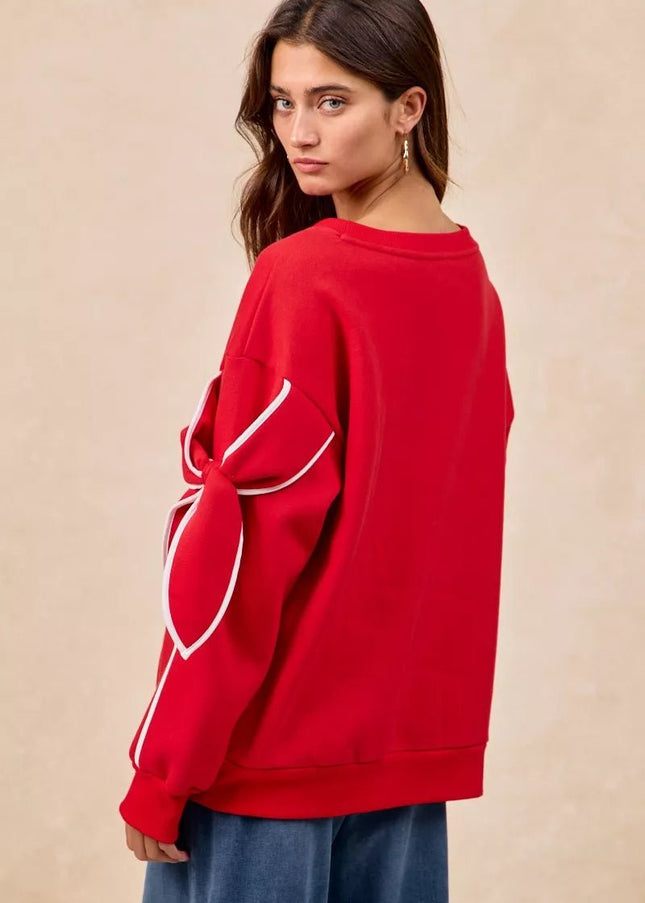 BiBi Bow Detail Sleeves Fleece Sweatshirt - Sleekdenim.com