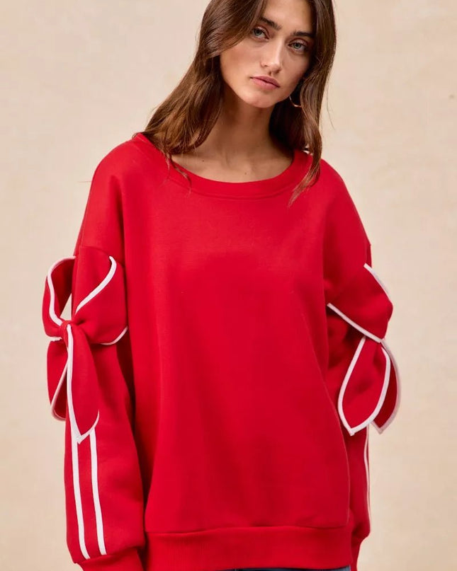 BiBi Bow Detail Sleeves Fleece Sweatshirt - Sleekdenim.com