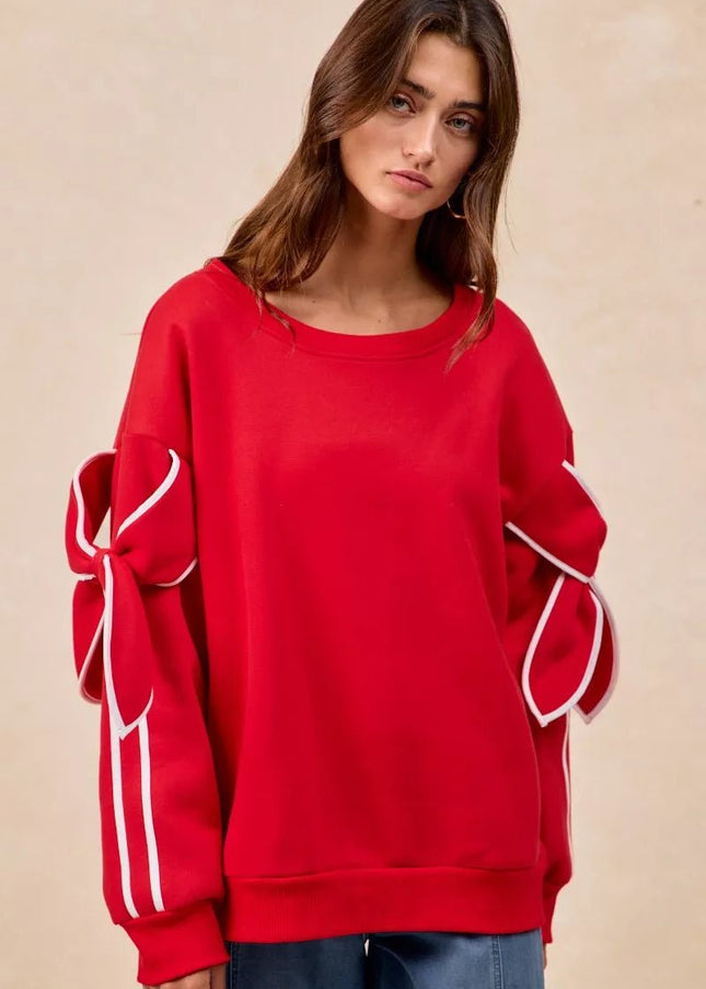 BiBi Bow Detail Sleeves Fleece Sweatshirt - Sleekdenim.com