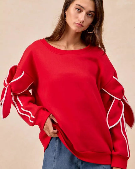 BiBi Bow Detail Sleeves Fleece Sweatshirt - Sleekdenim.com