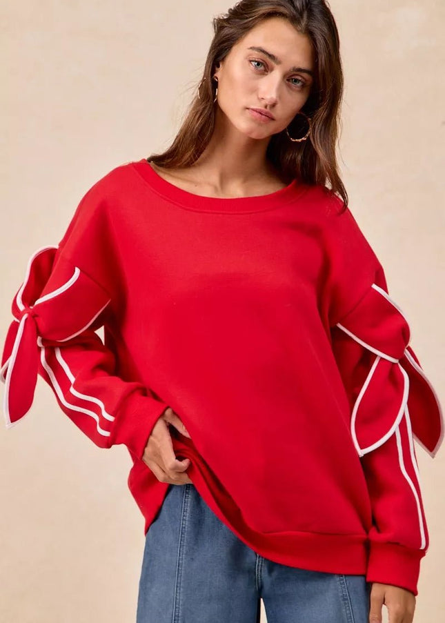 BiBi Bow Detail Sleeves Fleece Sweatshirt - Sleekdenim.com