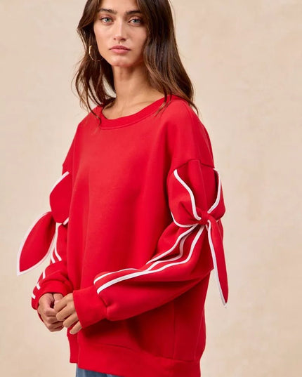 BiBi Bow Detail Sleeves Fleece Sweatshirt - Sleekdenim.com