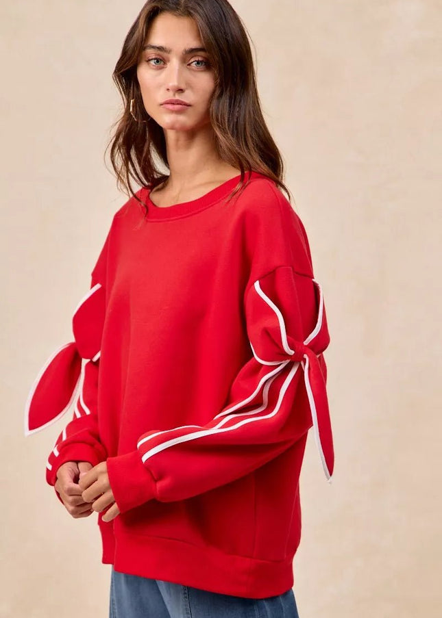 BiBi Bow Detail Sleeves Fleece Sweatshirt - Sleekdenim.com