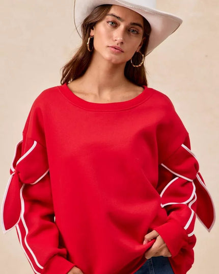 BiBi Bow Detail Sleeves Fleece Sweatshirt - Sleekdenim.com