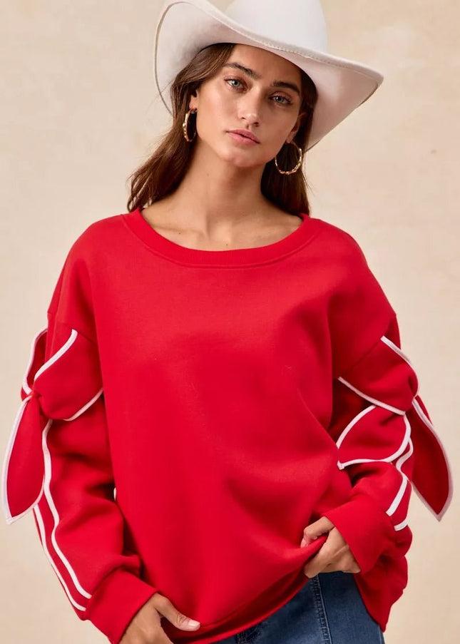 BiBi Bow Detail Sleeves Fleece Sweatshirt - Sleekdenim.com