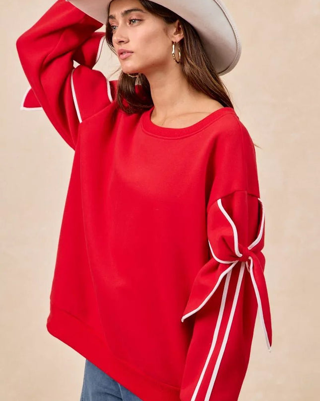 BiBi Bow Detail Sleeves Fleece Sweatshirt - Sleekdenim.com