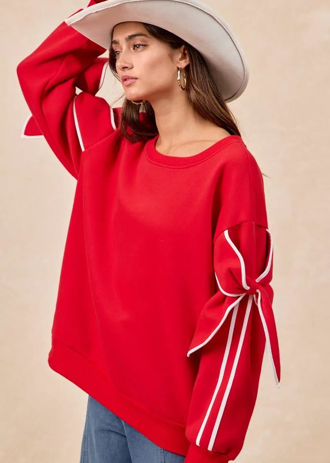 BiBi Bow Detail Sleeves Fleece Sweatshirt - Sleekdenim.com