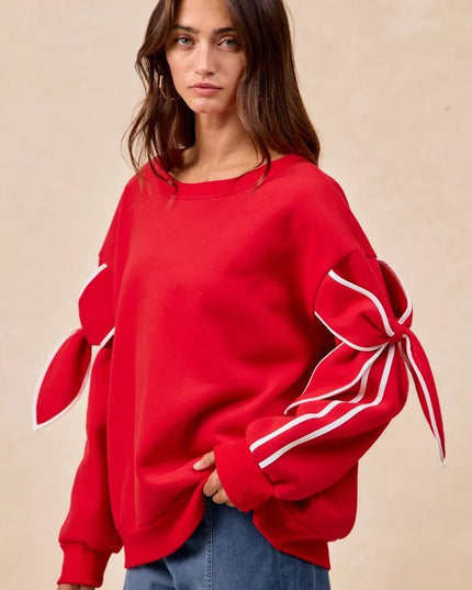 BiBi Bow Detail Sleeves Fleece Sweatshirt - Sleekdenim.com