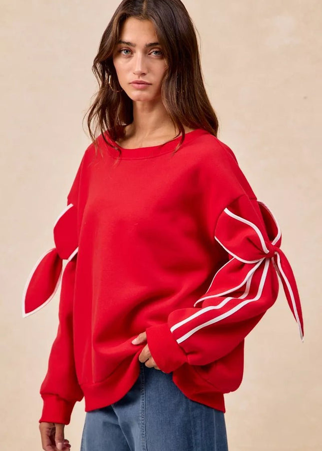 BiBi Bow Detail Sleeves Fleece Sweatshirt - Sleekdenim.com